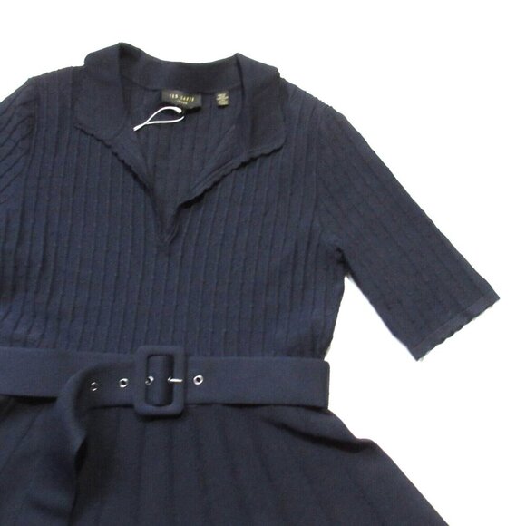 NWT Ted Baker Aleee in Navy Blue Belted Knit Collared Skater Dress 3 / US M $279 - Picture 4 of 11